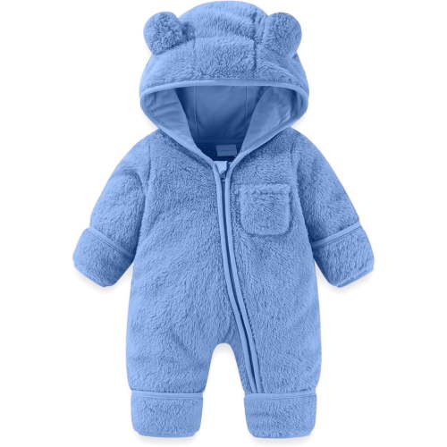 Onesies Bear Romper Outfit Suit Fold Over Mittens Footies Hooded Jumpsuit Baby Romper Sky Blue 0 Months-3 Months