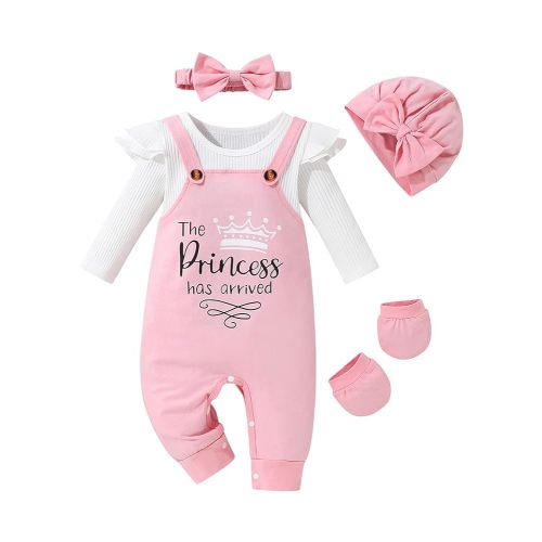 Baby Girl Clothes Patter&Letter Baby Girl Romper with Bow Hat&Headband and Gloves 4Pcs Baby Girl Coming Home Outfit