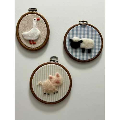 Vintage Inspired Felted Animals On the Farm Neutral Nursery Decor Baby Room Toddler Room Handmade Wall Decor Framed Wall Art Framed Hoop