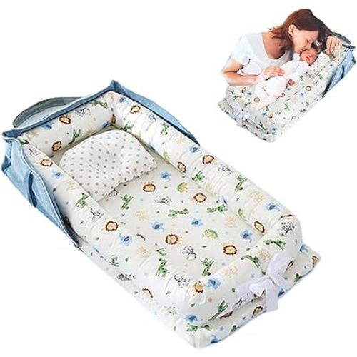 Baby Lounger with Pillow,Baby Lounger for Newborn Portable,Baby Nest Cosleeping for Baby in Bed Adjustable Size & Strong Zipper Lengthen Space to 24 Months(Animal World Blue)
