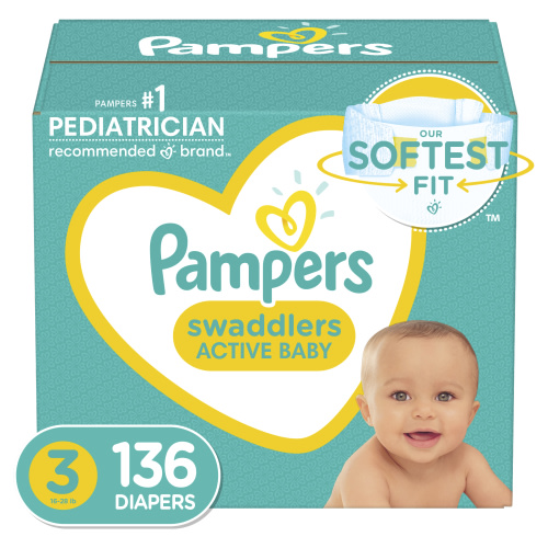Pampers Swaddlers Diapers Size 3, 136 Count - New & Improved, 100% Leakproof, Wrap & Protect System