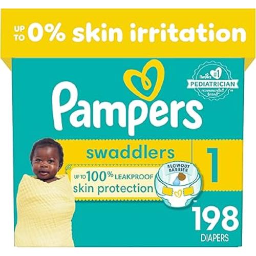 Pampers Swaddlers Diapers - Size 1, One Month Supply (198 Count), Ultra Soft Disposable Baby Diapers