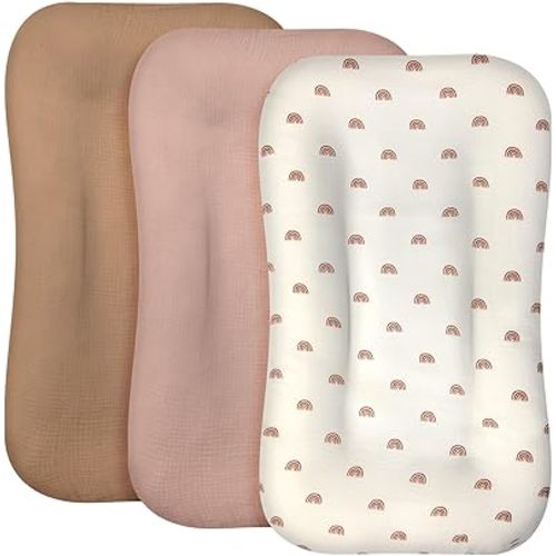 Newwiee 3 Pcs Muslin Baby Lounger Cover Organic Cotton Removable Lounger Cover Soft and Breathable Infant Slipcover Newborn Gifts for Girl Boy(Brown, Khaki, Beige,Rainbow)
