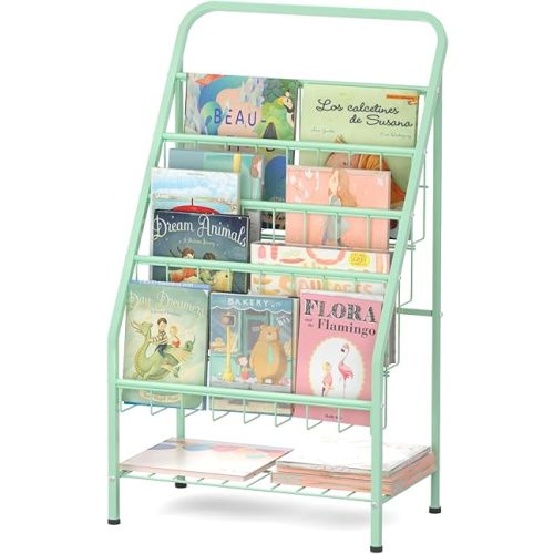 JAQ Bookshelf for Toddlers, 4-Tier Metal Kids Bookshelves Rack with Toy Storage Organizer in Bedroom Study Room Playrooms Nursery for Infants Baby Young Children (4-Tier/ 28.3 inch, Green)