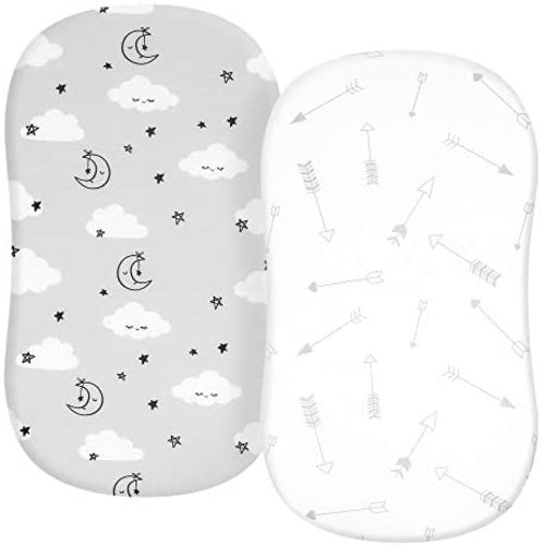 TILLYOU Jersey Knit Soft Bassinet Sheets Fitted for Baby Boy Girl, Stretch to Fit Cover Brands’ Basinette Bedside Co-Sleeper Lounger Cradle Oval Rectangle Hourglass Mattress, 2-Pack Gray Clouds