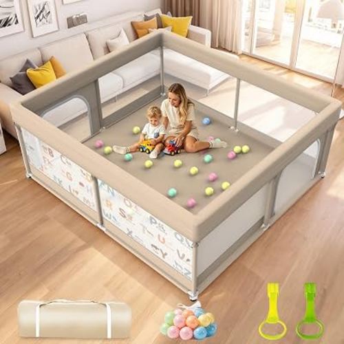 DICOLIN 79x71 Large Baby Playpen, Indoor Outdoor Play Yard for Toddlers | 360° Breathable Mesh, Anti-Slip Suction, Stable Structure, External Zipper Door, Pull-Up Rings & Ocean Balls, Animal Alphabet