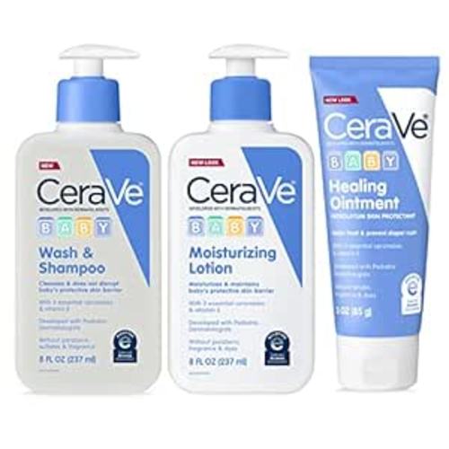 CeraVe Baby Bath Set | 8oz Baby Wash & Shampoo + 8oz Baby Moisturizing Lotion + 3oz Baby Healing Ointment | Fragrance, Parabens, Phthalates, & Tear Free Baby Bath Essentials | Gentle Baby Skin Care