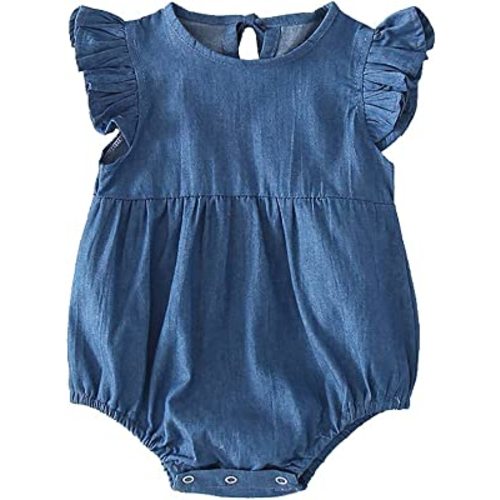 Baby Infant Toddler Girls Denim Ruffled Bodysuit Blue Soft One-Piece Romper
