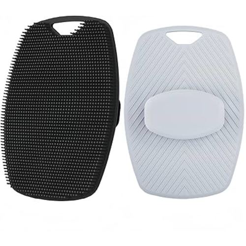 2 Pack Silicone Body Scrubber, Highly Elastic Bristles Handheld Brush for Shower, Lather Well and Gentle Exfoliating, Makes Skin Smooth, for Women and Men, Black and Gray
