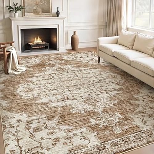 8x10 Area Rugs Washable Rug: Large Vintage Living Room Rug with Non-Slip Backing Low Pile Soft Indoor Floor Thin Carpet Non Shedding Neutral Carpets for Bedroom Dining Room Farmhouse Nursery Brown