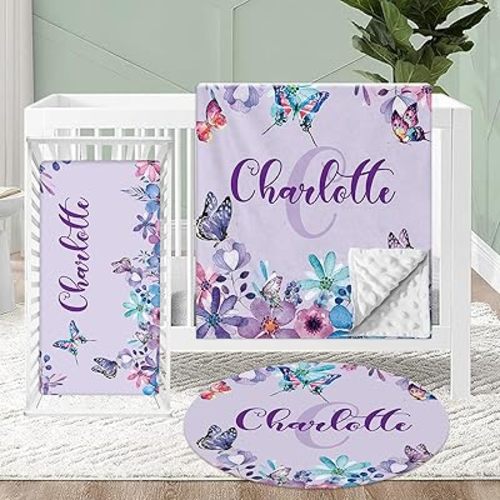 Personalized Baby Crib Bedding Set, 3 Pcs Custom Name Baby Crib Sets for Kids Toddlers Infants, Double Layer Nursery Bedding Set for Girls, Purple Butterfly Baby Bedding Set Customized Gifts