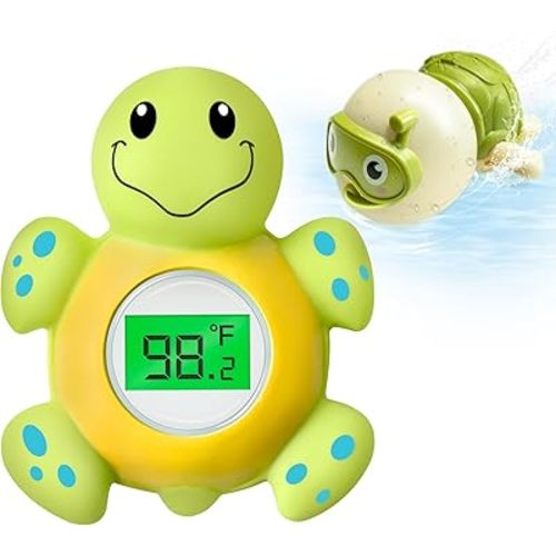 Baby Bath Thermometer & Swimming Turtle Floating Bath Toys, BPA-Free Bath Thermometer Baby Safety, Backlit Display Bathtub Thermometer Baby Water Thermometer, Bath Temperature Toy for Infant