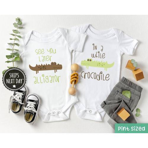 Twin Onesie Set® - See You Later Alligator- In A While Crocodile Twin Onesies® - Funny- Cute Twin Baby Onesies®