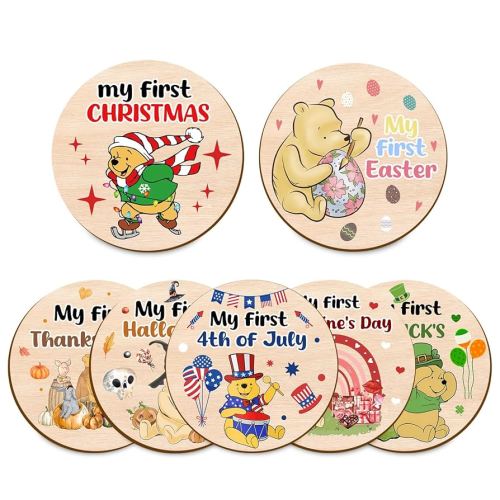 8Pcs Winnie My First Holiday Baby Milestones Circles, The Pooh Birthday Baby Stuff, Double-Sided Printing Months Baby Milestone Wooden Keepsake, Wooden Circles Stuff for for Documenting Growth