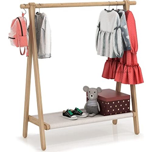 Dress up Rack, Child Garment Rack, Kids Clothing Rack with Storage Shelf (Natural Beech, 38" L x 14.5" W x 40" H)