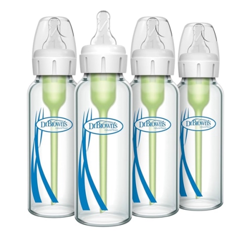 Dr. Brown's Anti-Colic Options+ Narrow Glass Baby Bottle with Level 1 Slow Flow Nipple, BPA-Free, 8 oz/250 mL, 4-Pack