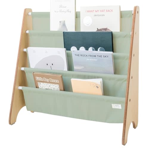 3 Sprouts Kids Bookshelf with Recycled Fabric - 4-Tier Sling Storage for Kids Rooms Holds 35 Titles - Toddler Organizer for Ages 3+ - Green