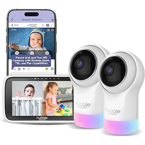HUBBLE CONNECTED Nursery Pal Glow+ Twin — 7-in-1 Baby Monitor with Camera and Audio, 7-Color Night Light, Sleep Trainer, Secure Remote Access, with 2X Full HD Baby Monitor Cameras and 5” Parent Unit