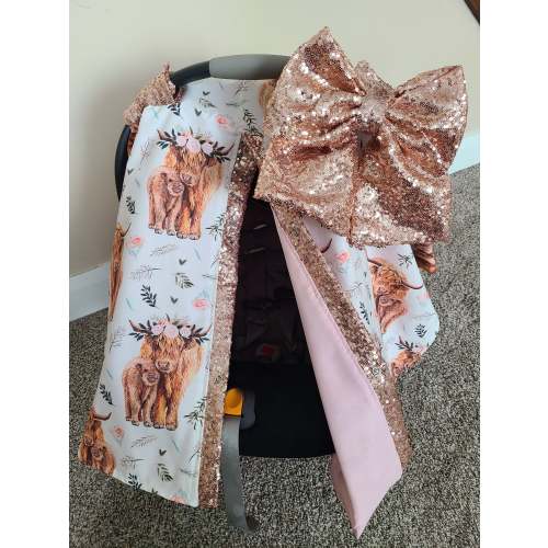Highland Cow Car Seat Cover, Farm Floral w/ Rose Gold Sparkle, Personalized Baby Shower Gift, Baby Girl Car Seat Canopy