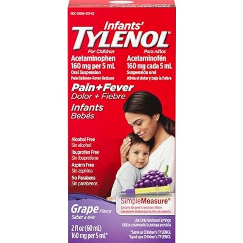 Infants' Tylenol Oral Suspension, Acetaminophen, Grape, 2 fl. oz | Liquid Pain Relief & Fever Medicine, Sore Throat, Headache & Teething, Pain Reliever & Fever Reducer for Kids