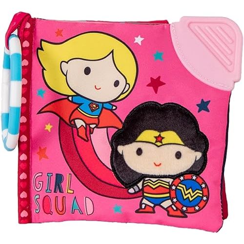 Warner Bros. DC Girl Squad 5 Inch Soft Book with On The Go Clip, Rattle, Crinkle Sound, Mirror, Slider, Teether, and Peek-A-Boo Flap for Babies and Toddlers First Book