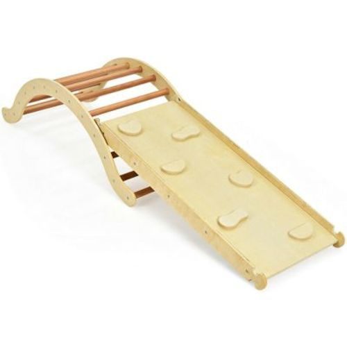 Costway 3-in-1 Kids Climber Set Wooden Arch Triangle Rocker W/ Ramp & Blue Mat