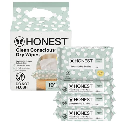 The Honest Company 100% Pure Organic Cotton Dry Wipes, Hypoallergenic, Multi-Use, Baby Facial Cloths, 192 Count