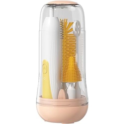 Travel Electric Baby Bottle Brush Set with Electric Bottle Cleaner and Water Bottle Brush and Nipple/Straw Brush,Milk Frother and Drying Rack(Yellow)