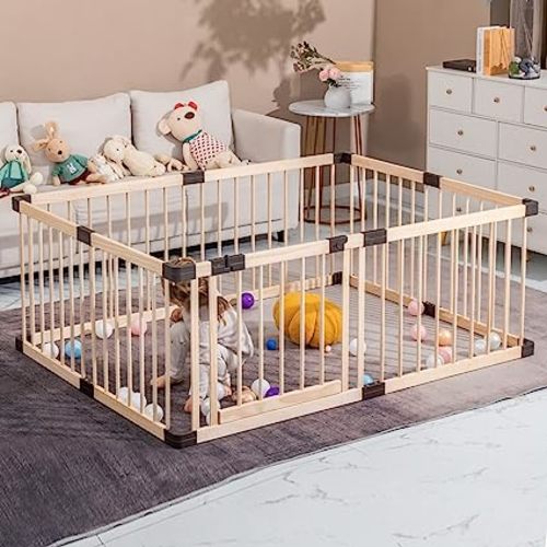Playpen for Babies and Toddlers, Wooden,Conababy Baby Play Fence, Play Yards,Baby Activity Center, Indoor(140x200CM) - 140x200x61CM