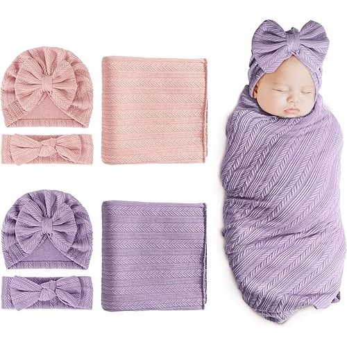 DRESHOW BQUBO Newborn Receiving Blanket Headband Hat Set for Baby, Unisex Baby Boys Girls Essentials, Newborn Registry Must Haves, Stroller Crib Shower Gifts
