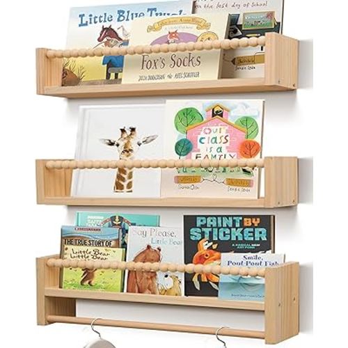 Nursery Book Shelves Wall Mounted Set of 3,Wooden Floating Wall Bookshelves for Kids,Nursery Shelves for Bookshelf Wall, Nursery Decor for Kids Room, Bedroom and Study Room(Natural 3)