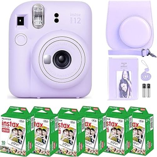 Fujifilm Instax Mini 12 Camera with Fujifilm Instant Mini Film (60 Sheets) Bundle with Deals Number One Accessories Including Carrying Case, Photo Album, Stickers (Lilac Purple)