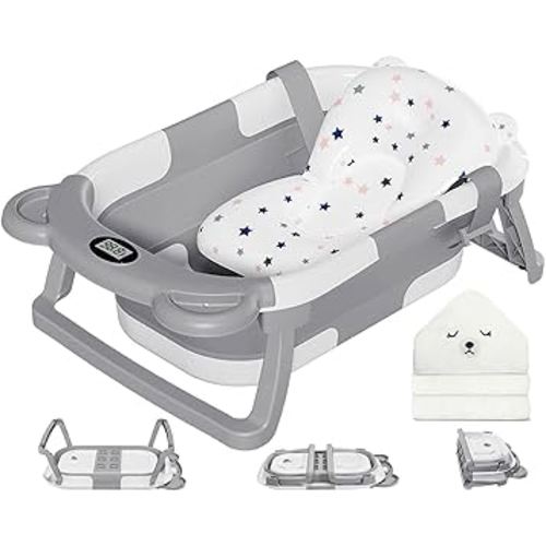 MoreFeel Collapsible Baby Bathtub for Newborn with Thermometer & 1 Hooded Towel & 1 Soft Floating Cushion,Portable Travel Bathtub with Drain Hole, Durable Foldable Baby Tubs for Infants to Toddler