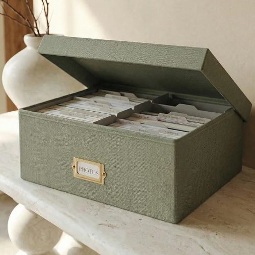ZICOTO Decorative Photo Storage Box - Sturdy Linen Photo Organizer with Dividers is Perfect to Store Up to 1700 Pictures and 4x6 Photos - Portable Scrapbook Storage Containers with Lid