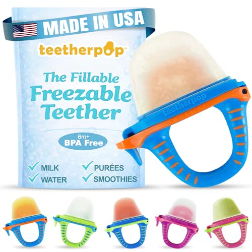 Teetherpop Fillable Freezable Teethers for Babies - Breastmilk Teether with Spill-Proof Sippy Slits – Teething Popsicle for Baby, Liquids & Purées, Cooling Teething Relief Feeder Pacifier - BlueOrange