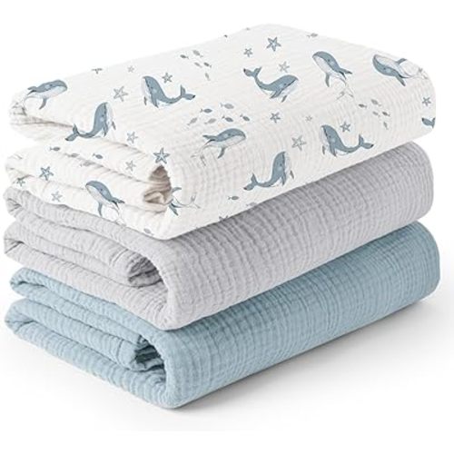 Konssy 3 Pack Muslin Swaddle Blankets for Unisex, Newborn Receiving Blanket, Large 47 x 47 inches, Soft Breathable Muslin Baby Swaddles for Boys & Girls