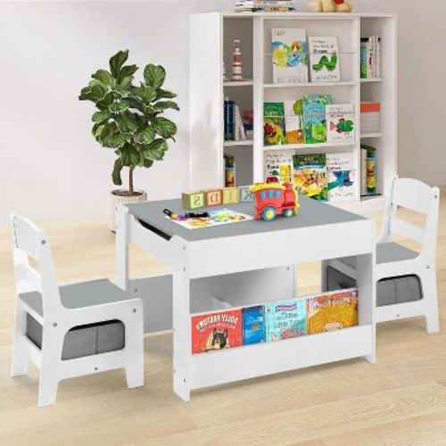 Kinder King 3-in-1 Kids Table & 2 Chairs Set with Storage, Removable Top & Blackboard, for Art, Crafts, Reading