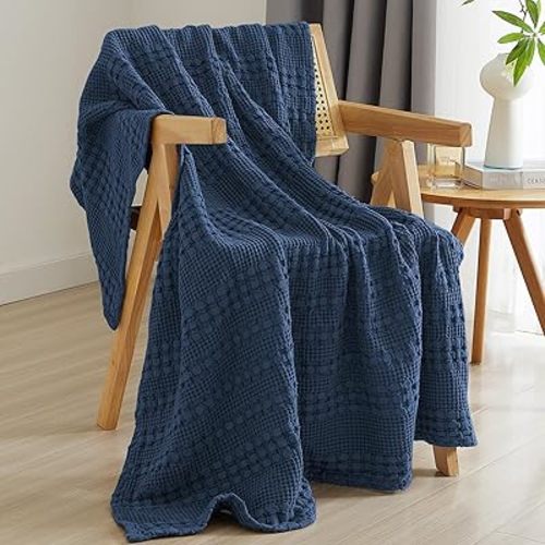 PHF 100% Cotton Waffle Weave Throw Blanket, Soft Lightweight Breathable Cozy Throws for Couch Bed Sofa, Luxury Aesthetic Woven Blanket for Home Decor & Office, 50"x60", Bright Navy