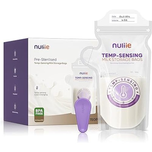 Nuliie 150pcs Temp-Sensing Breastmilk Storage Bag, Huge Temp-Sensing Icon & Locking Clamp, 6oz Breast Milk Storage Bags Freezer Pour Spout, Self Standing Milk Storage Bags Breastmilk, BPA-Free No-Leak