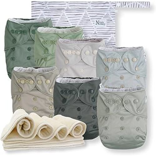 Nora's Nursery Cloth Diapers 7 Pack with 7 Inserts & 1 Wet Bag - Waterproof Cover, Washable, Reusable & One Size Adjustable Pocket Diapers for Newborns and Toddlers - Morning Dew