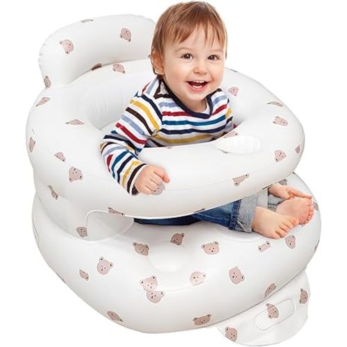 Inflatable Baby Seat for Babies 3-36 Months, Inflatable Baby Seat for Sitting Up, Blow Up Baby Floor Seat with Built in Air Pump,Baby Support Seat Shower Chair for Home (Full Enclosure Bear)