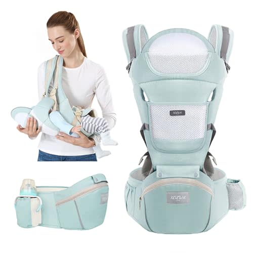 KOLWA 6-in-1 Safety Certified Ergonomic Quality Baby Carrier with Hip Seat: Kangaroo Bag Design for Newborns to Toddlers. Head Supporting Front and Back Support for Parents (Green)