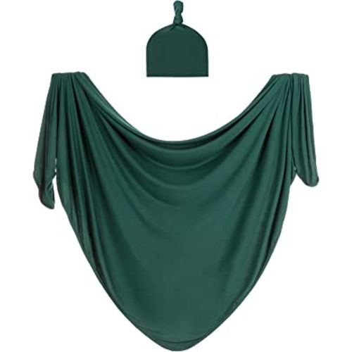 Large Jersey Knitted Swaddle Blanket for Baby, Soft Stretchy Receiving Blanket for Newborns with Hat, Large 47 x 47 inches (Peacock)