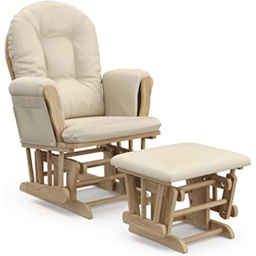 Storkcraft Premium Hoop Glider and Ottoman (Natural/Beige) – Padded Cushions with Storage Pocket, Smooth Rocking Motion, Easy to Assemble, Solid Hardwood Base