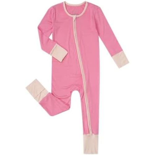Teach Leanbh Unisex Baby Bamboo Viscose Pajamas with Mittens and Feet Cuffs Soild Printing 2 Way Zipper Long Sleeve Romper