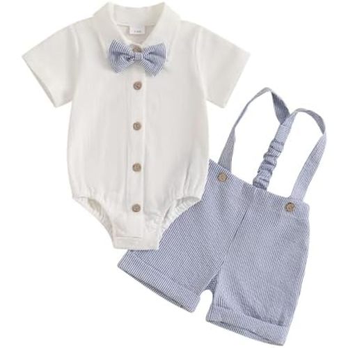 Infant Baby Boy Summer Outfit Gentleman Short Sleeve Romper Dress Shirt Suspender Shorts 2Pcs Suit Clothes Set