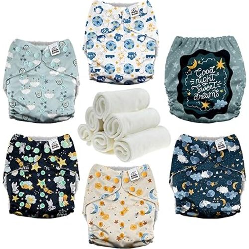 Mama Koala 3.0 Cloth Diapers for Babies with AWJ Lining, 6 Pack with 6 Natural Cloth Diaper Inserts - Reusable and Washable Pocket Diapers (Clear Night)