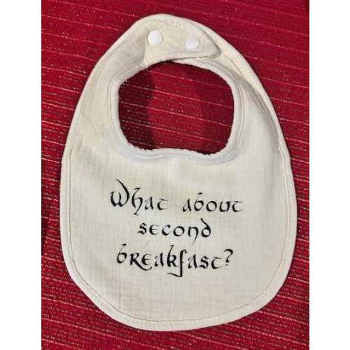 What About Second Breakfast? - Soft Muslin Baby Bib with Funny or Cute Phrase and Snap Closure, LOTR