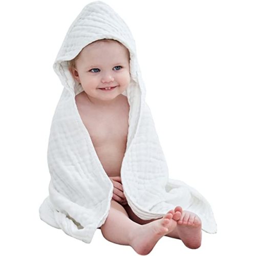 Baby Hooded Bath Towel | 100% Muslin Cotton | White
