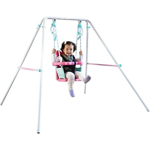 Sportspower FNS-003 My 1st Toddler Swing: Heavy-Duty Baby Indoor/Outdoor Swing Set with Safety Harness, Capacity - 50 lbs and Ages 9-36 Months, Pink/Pale Green